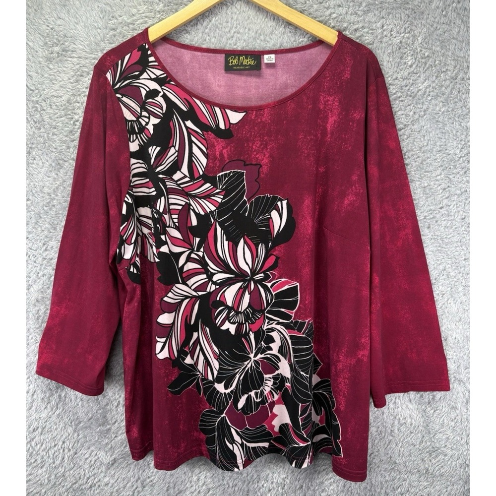 Bob Mackie Wearable Art Womens 2X Floral Top Pink Black 3/4 Sleeve Stretch